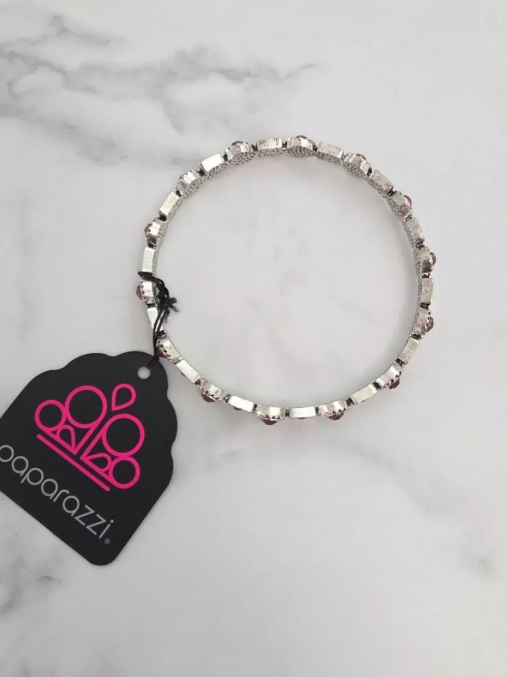 Paparazzi Pink Rhinestone Silver Bangle Bracelet NWT - Picture 6 of 7